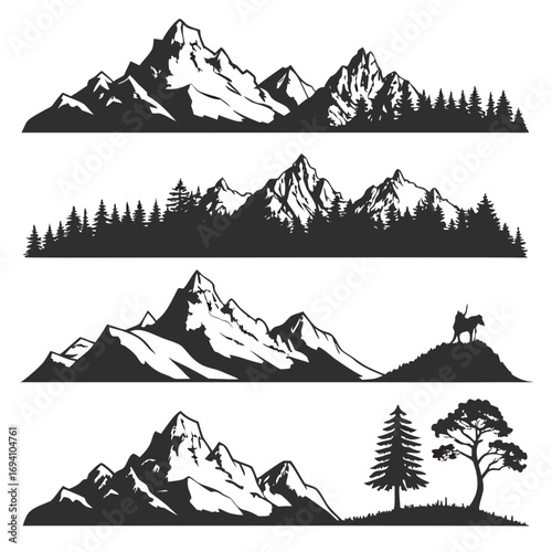 Mountain range pine forest hilltop rider peaks silhouette