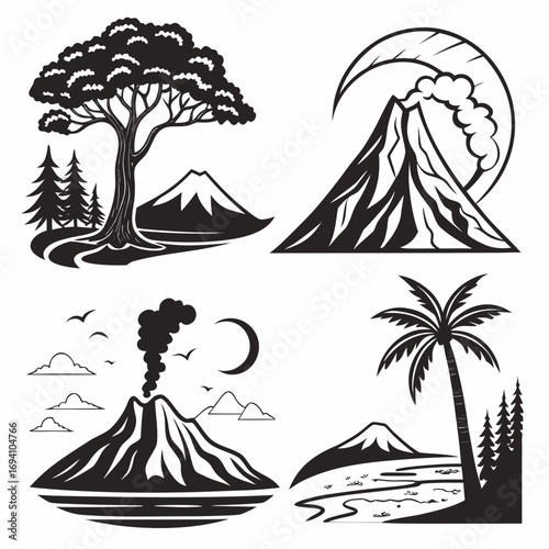Mountain volcano eruption palm tree forest lava smoke