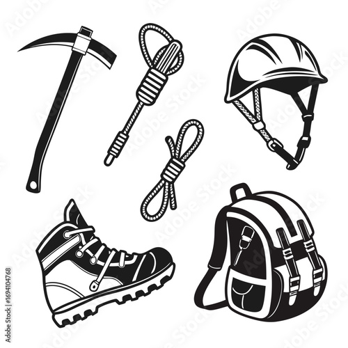 Mountaineering equipment icons climbing ice axe