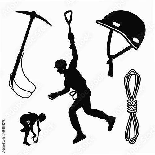 Mountaineering equipment and climbers silhouettes climbing