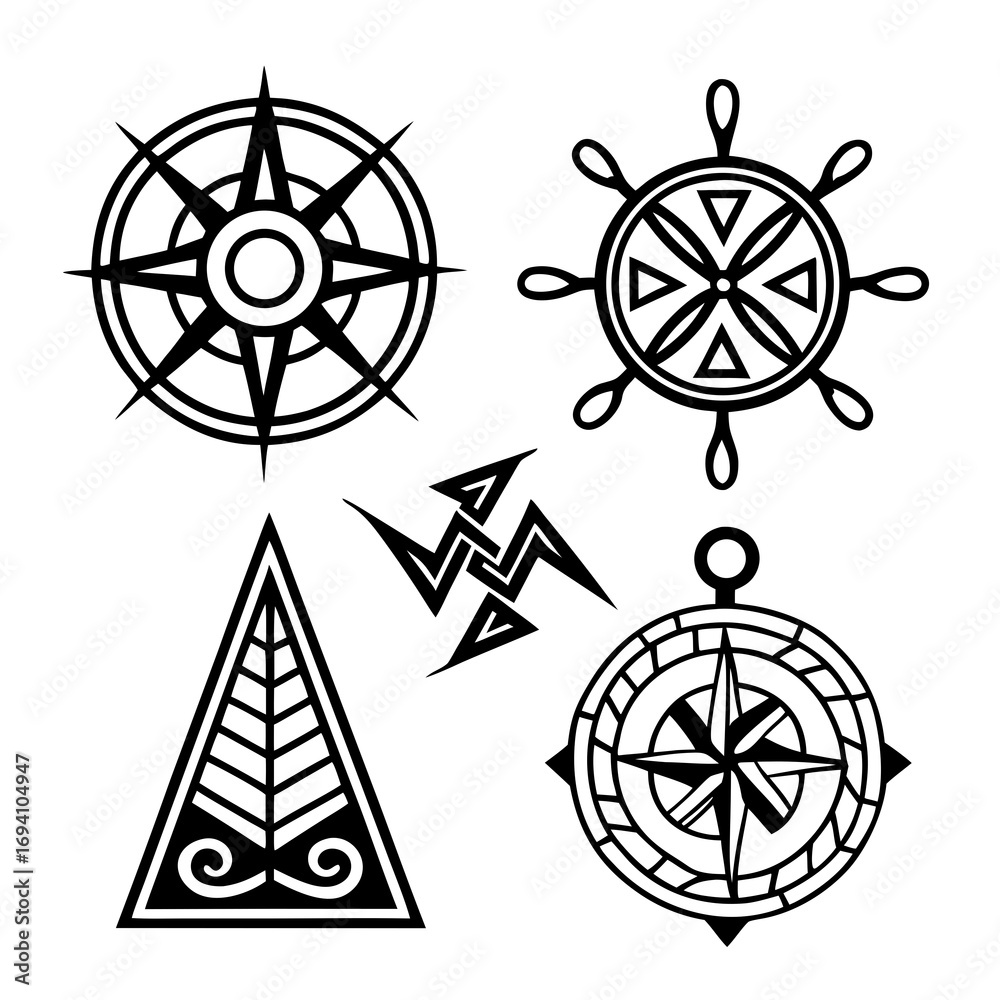Obraz premium Nautical symbols and ancient glyphs compass rose ship wheel