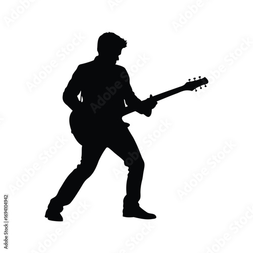 Silhouette of a musician intensely playing the electric guitar on a stage, guitarist playing on street silhouette vector illustration