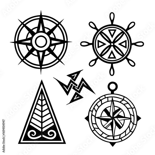 Nautical symbols and ancient glyphs compass rose ship wheel