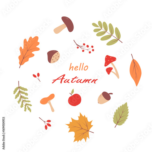 Autumn leaves of trees, vector illustration of autumn elements. Autumn background, the inscription Hello Autumn. Flat style.