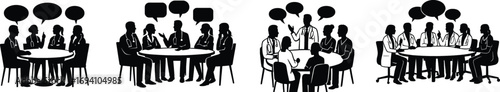 Medical team meeting silhouettes discussing ideas around a table 