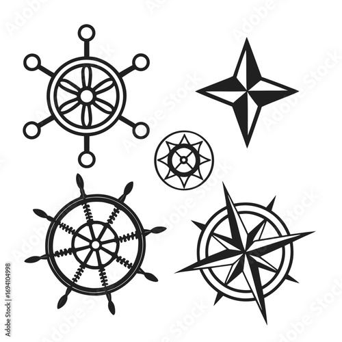 Nautical symbols compass rose steering wheels ship wheel