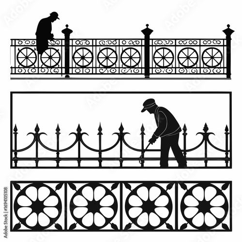 Ornamental metalwork with figures black and white silhouette