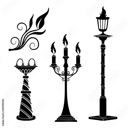 Ornate candle holders and torch candelabra flame