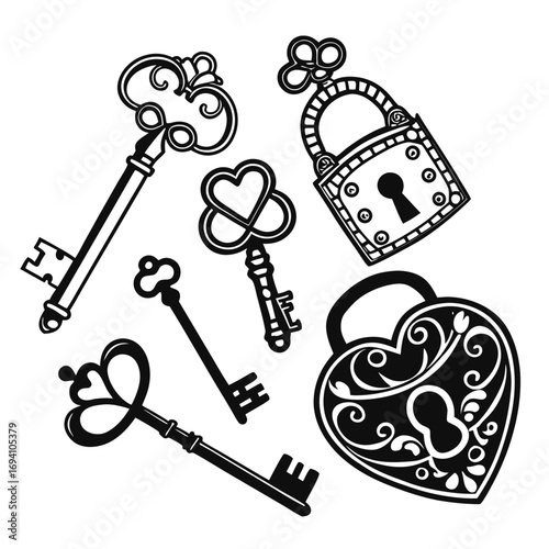 Ornate locks and keys collection antique vintage