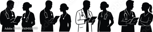 Diverse medical team silhouette meeting and discussing patient care and health 