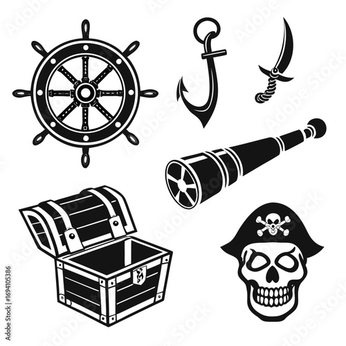 Pirate ship wheel anchor sword spyglass treasure chest skull