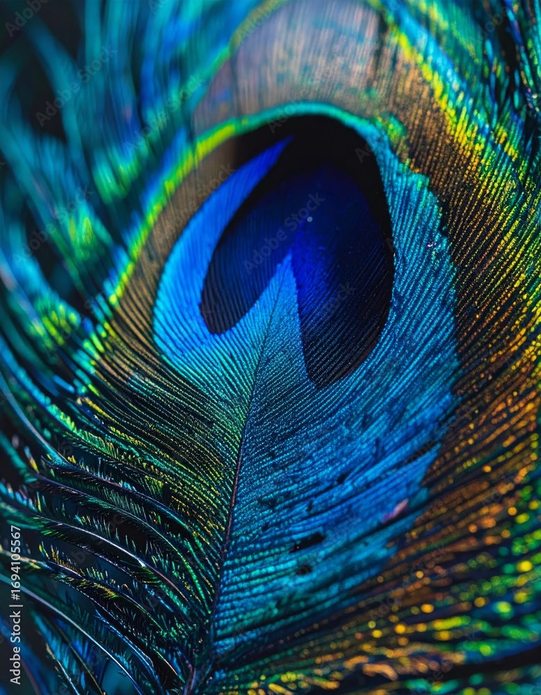 Obraz premium Vibrant Iridescent Detail: A Stunning Close-Up of a Peacock Feather Revealing Blue, Green, and Gold Hues