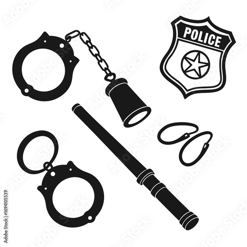 Police equipment silhouettes handcuffs baton badge