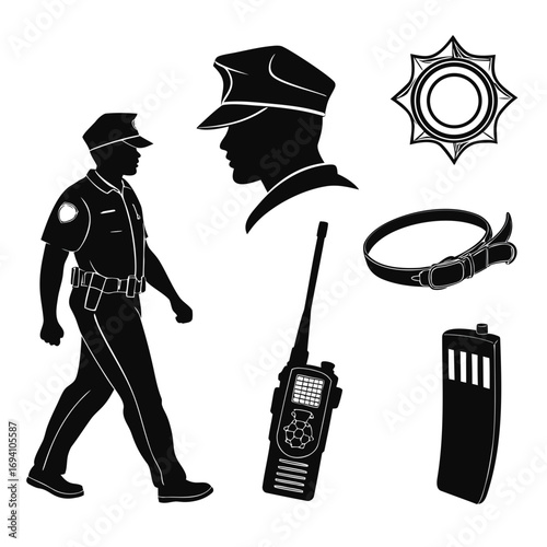 Police officer uniform equipment and accessories silhouette