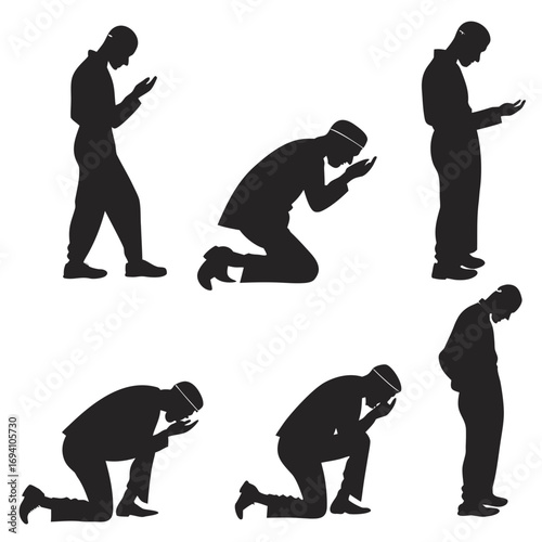 Praying men silhouettes various poses prayer kneeling