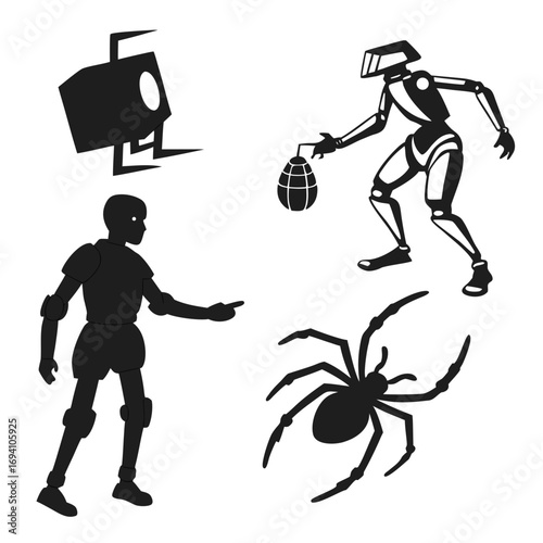 Robot spider humanoid figures silhouette black