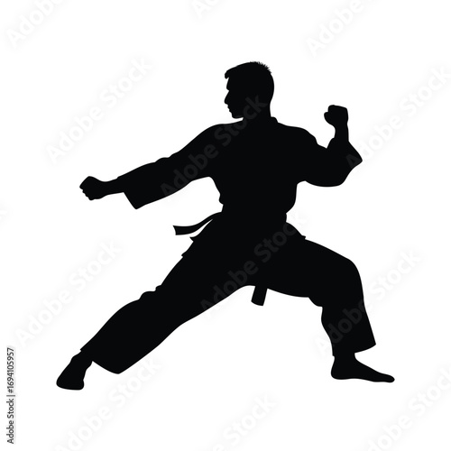 Silhouette of a karate martial artist practicing a forward punch move, martial artist blocking punch silhouette vector illustration