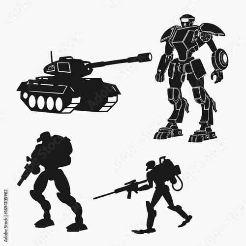Robotic soldiers and armored vehicle mech tank