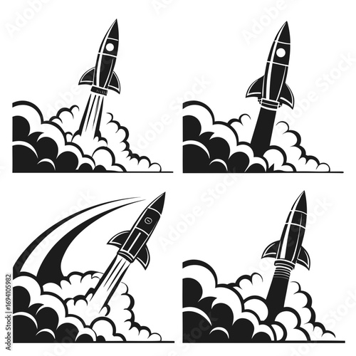 Rocket launch silhouettes clouds smoke vector