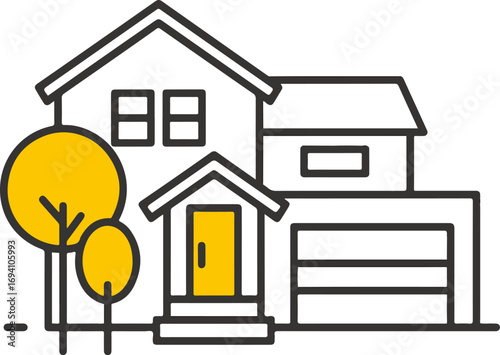 Modern minimalist house with yellow door and trees simple line art exterior design