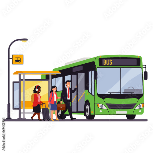 Passengers boarding a green city bus at a bus stop with a shelter and a street lamp.