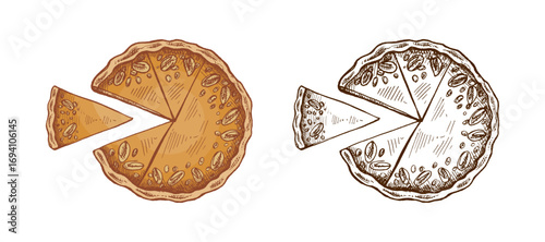 Hand drawn vintage sketch of whole round pie with nuts and one slice in color and monochrome version