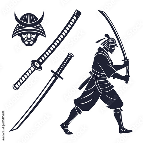 Samurai warrior and weapons helmet katana