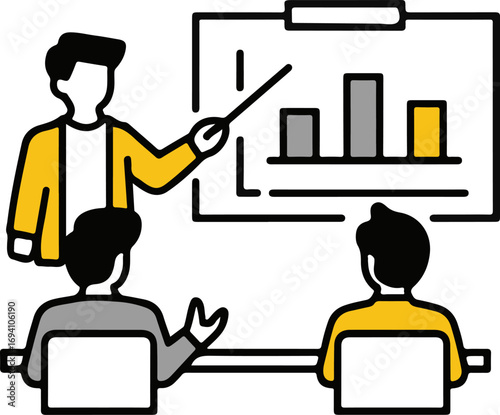 Business meeting concept with a presenter showing a bar chart on a whiteboard to attendees