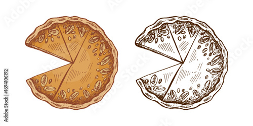 Hand drawn vintage sketch of round pie with slice cut out and seeds on crust in festive baked style illustration