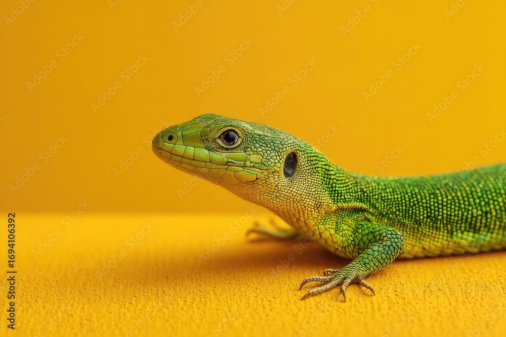 Fototapeta premium Close-up of a vibrant green lizard on a bright yellow background