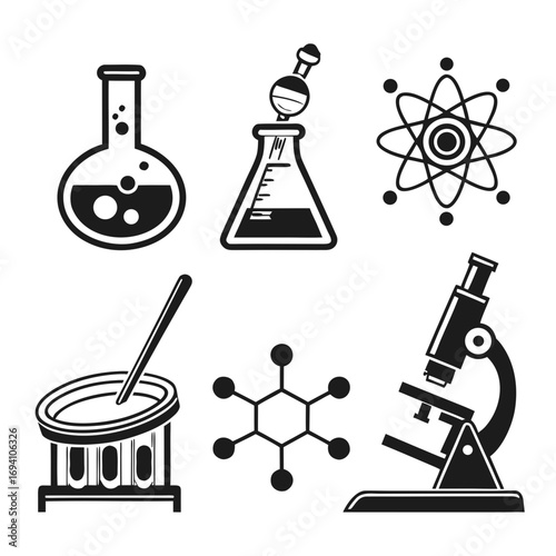 Science lab icons flasks atom microscope molecule laboratory