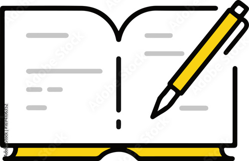 Minimalist line art open book with pen writing notes knowledge education study creative