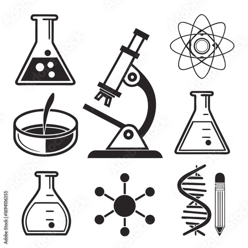 Science laboratory equipment icons flask beaker