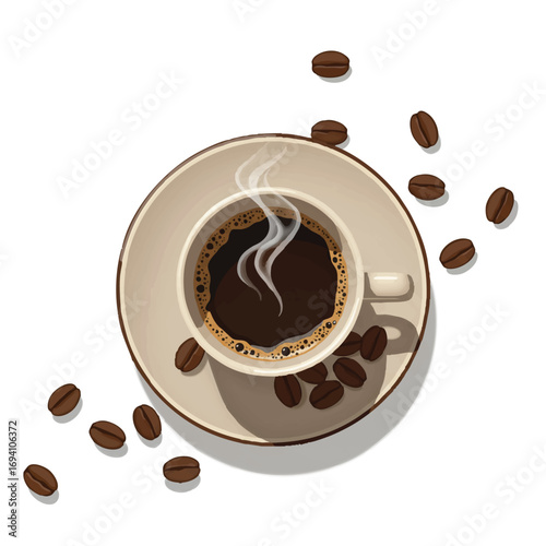Steaming coffee cup in aerial view, on a saucer with scattered roasted coffee beans, a 2D flat vector illustration with soft shadows on a white background.