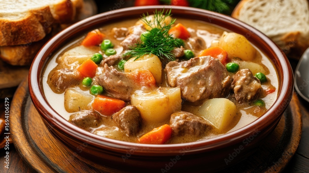 A hearty stew features herring, potatoes, and vegetables in a creamy cheese sauce, garnished with dill, accompanied by fresh bread on a rustic table A hearty stew features herring, potatoes, and vegetables in a creamy cheese sauce, garnished with dill, accompanied by fresh bread on a rustic table