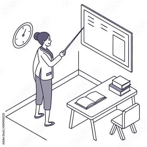 Teacher with pointer stick presenting information vector graphic