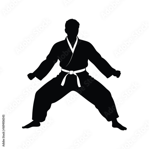Silhouette of a Karate Practitioner in Stance Demonstrating Martial Arts Skill, martial artist in traditional silhouette vector illustration