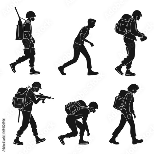 Six figures with backpacks and military gear silhouette