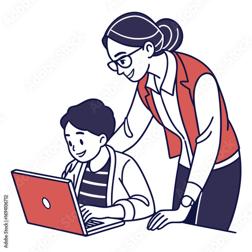 Teacher guiding student in educational illustration