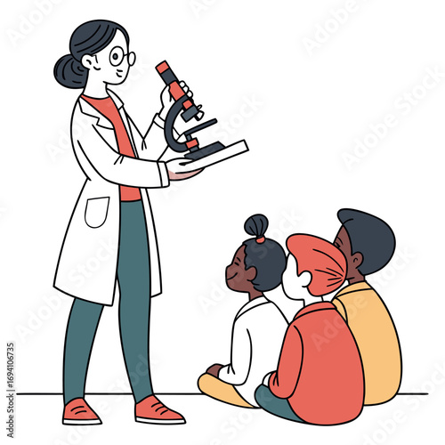 Teacher demonstrating biology lesson with microscope flat design