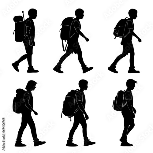 Six walking figures with backpacks silhouette people