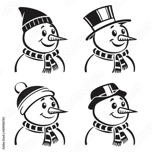 Snowman faces with hats and scarves silhouette black and white