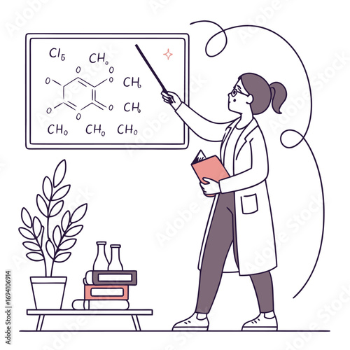 Teacher explaining chemistry concepts in a classroom illustration
