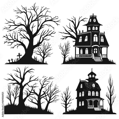 Spooky mansions bare trees graveyard silhouette haunted mansion