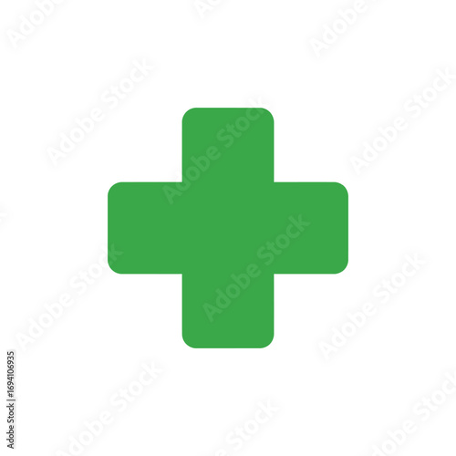 A simple green cross symbol representing medicine, first aid, and healthcare. This plus sign icon is an isolated vector graphic for health and safety concepts