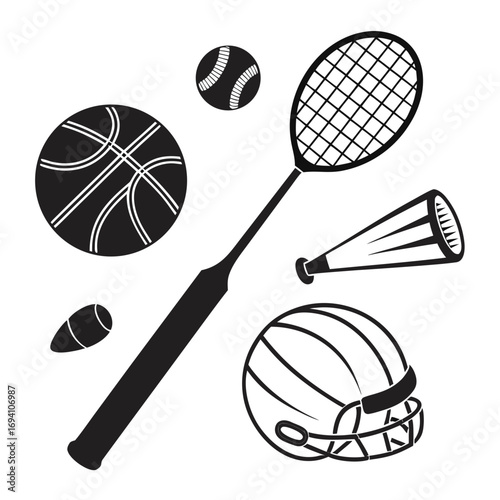 Sports equipment collection silhouette basketball tennis racket