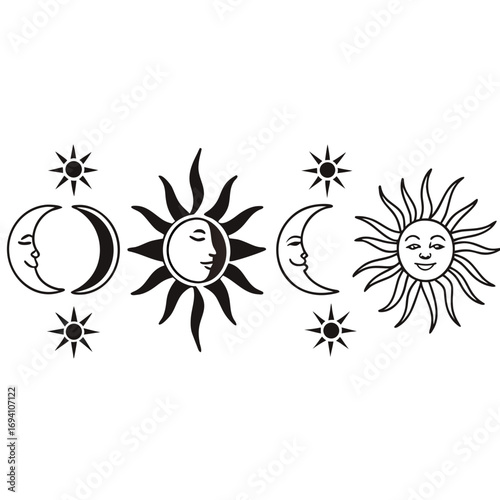 Stylized sun and moon icons with stars celestial