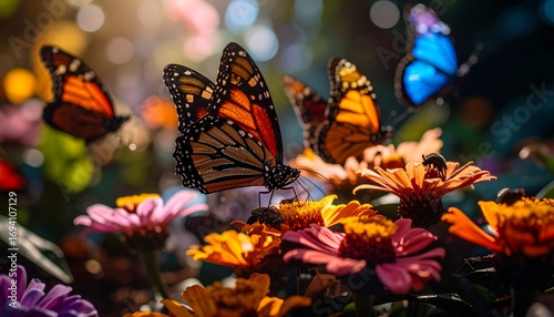 Colorful butterflies on vibrant flowers