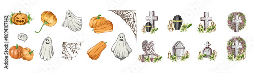 Hand drawn vintage halloween set of pumpkins ghosts spider webs crosses tombstones urns candles wreaths isolated vector illustration