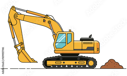A simple and clean vector illustration of a yellow excavator or digger. The heavy construction machine is shown in a side view, with its large arm extended and a pile of dirt beside it.